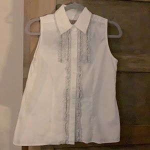 i.e. White with Gray Ruffled front sleeveless dress shirt